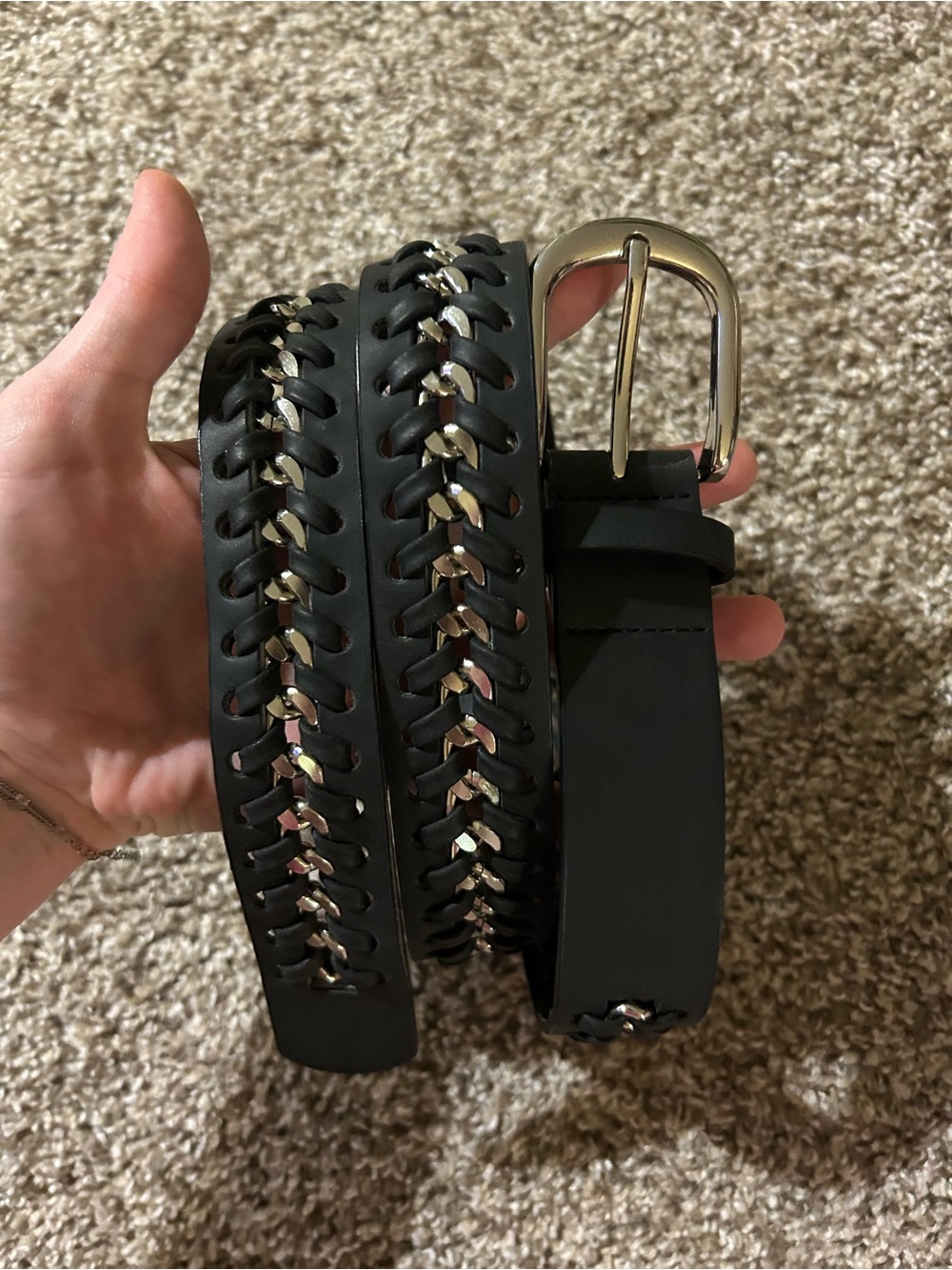 Black Leather Weave Belt with Silver Chain Accent